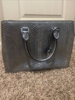 Michael Kors Metallic Gunmetal Snake-Embossed Tote